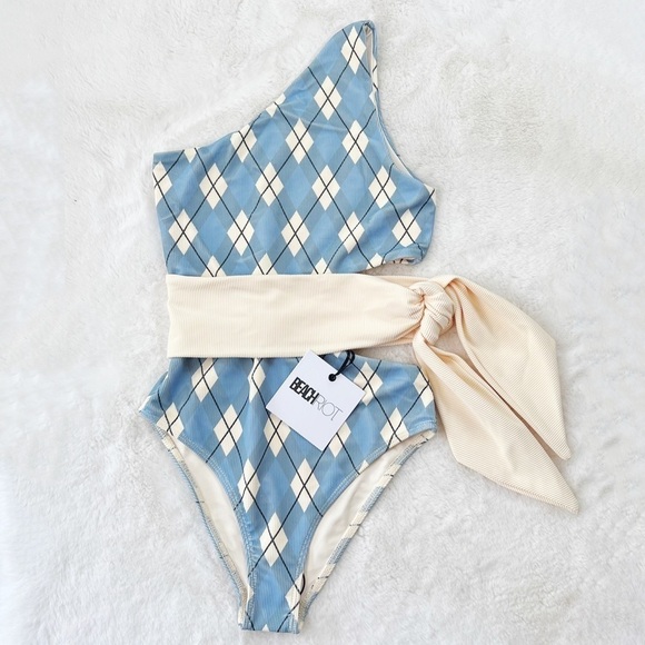 NWT Beach Riot Carlie Cutout Side Tie One apiece Swimsuit in Blue Argyle - Picture 4 of 8